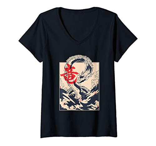 Womens Sea Dragon of Japan Vintage Japanese Art Panel V-Neck T-Shirt