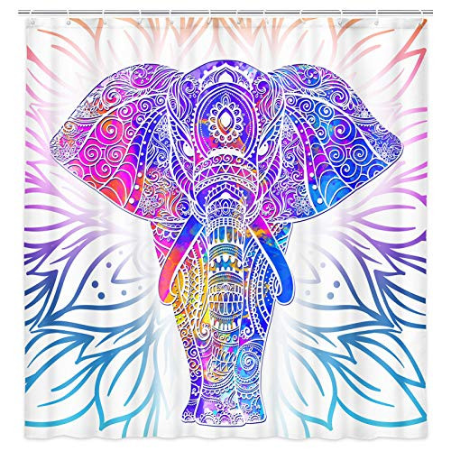 Mandala Elephant Shower Curtain Bohemian Art Boho Elephant Shower Curtain Colorful Ethnic Elephant Bath Curtain Modern Cool Pattern Elephant Bathroom Decor Sets with Hooks 69x70 Inches