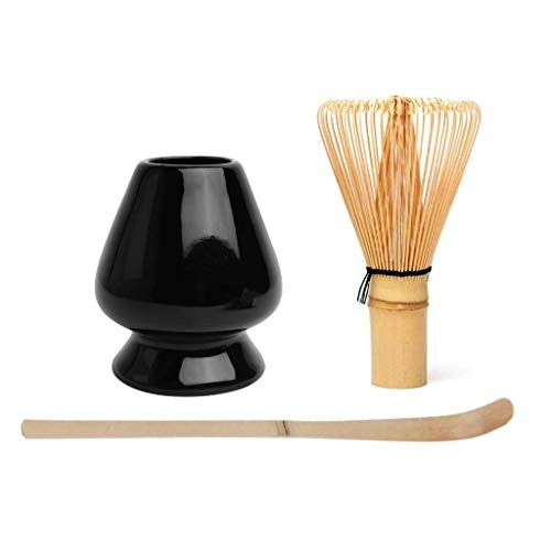 HUANSHENG Premium Matcha Whisk Set Matcha Porcelain Whisk Chasen Holder Bamboo Whisk and Traditional Scoop -Chashaku- for Traditional Japanese Matcha Tea Ceremonial-Black-