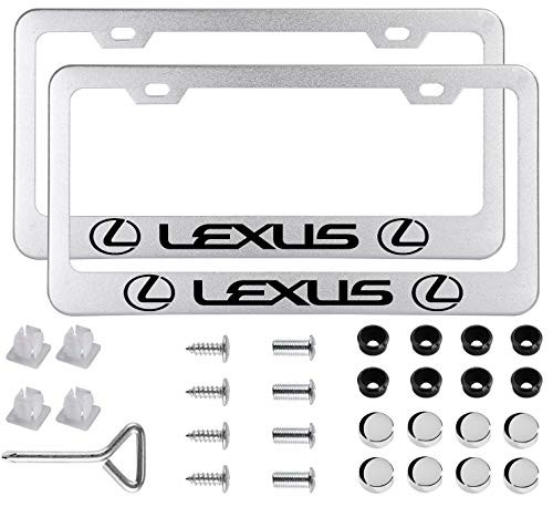 2pcs License Plate Frames for Lexus - 2 Holes Premium Silver Aluminum Alloy Metal Lexus Car License Plate Tag Holders with Screw Caps Compatible All American Standard Auto License Plate Covers