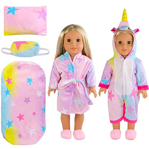 SOTOGO 6 Pieces 18 Inch Doll Clothes Doll Sleeping Bag for American 18 Inch Girl Doll Include Bathrobes Unicorn Jumpsuits Sleeping Bag Pillow Mask Slipper