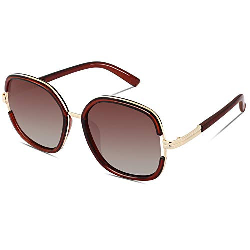 DUCO Women Shades Classic Oversized Polarized Sunglasses 100 percent UV Protection Eyewear Glasses DC3207 -Brown Frame Brown Temple-