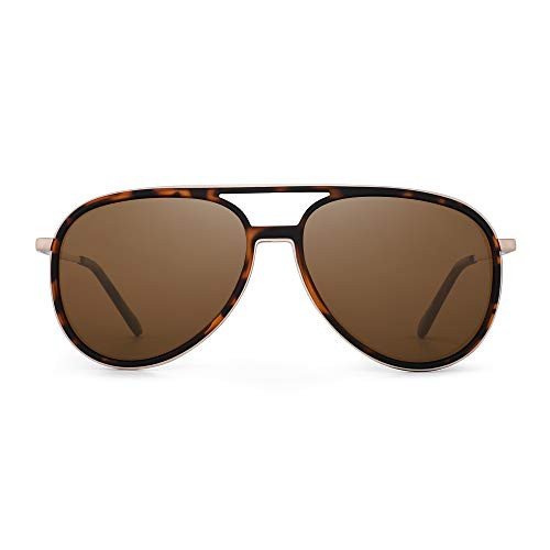 GLINDAR Retro Polarized Aviator Sunglasses Men Women Lightweight Plastic Driving Glasses Tortoise Gold Frame-Brown Lens