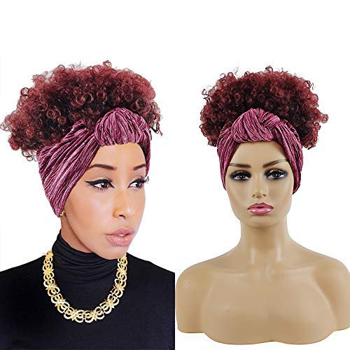 Allyreetress Afro Curly Headwrap Wigs 2 in 1 for Black Women Afro Kinky Curly High Puff Headband Wigs for African Women Synthetic Short Curly Headwrap Turban Wigs