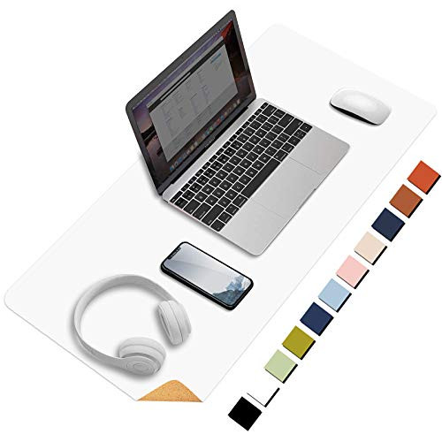 HOMIEAZICOZI Large Natural Cork  and  Leather Desk PadDouble-Sided Desk Protector Waterproof Keyboard Mouse Pad for Office-Home-Gaming-Decor-White36"x 17" -