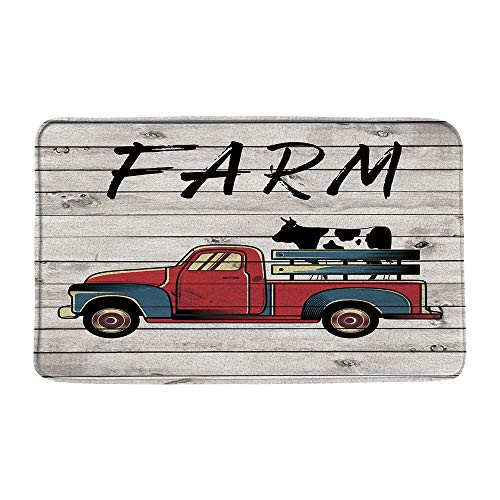 Farmhouse Bath MatRustic Red Blue Plaids Farm Cattle Buffalo Check Truck Vintage Western Farm Cow on Retro Pickup Truck Car Bath Floor RugAbsorbent Doormat Bedroom Rug Kitchen Toilet19.7" x 31.5"