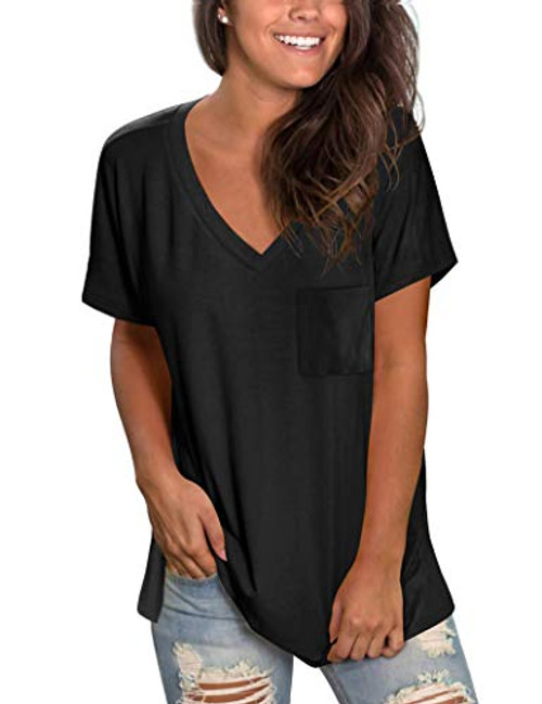 Black Tops for Women V Neck Short Sleeve Tunic Loose Fitting Tshirt XXL