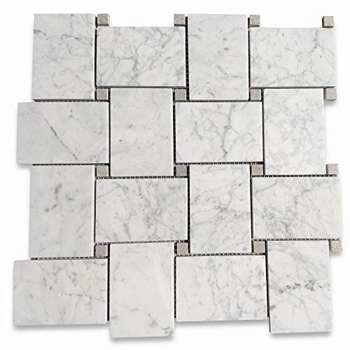 Stone Center Online Carrara White Marble Large Basketweave Mosaic Tile w- Gray Dots Honed for Kitchen Backsplash Bathroom Flooring Shower Surround Dining Room Entryway Corrido Spa -1 Sheet-
