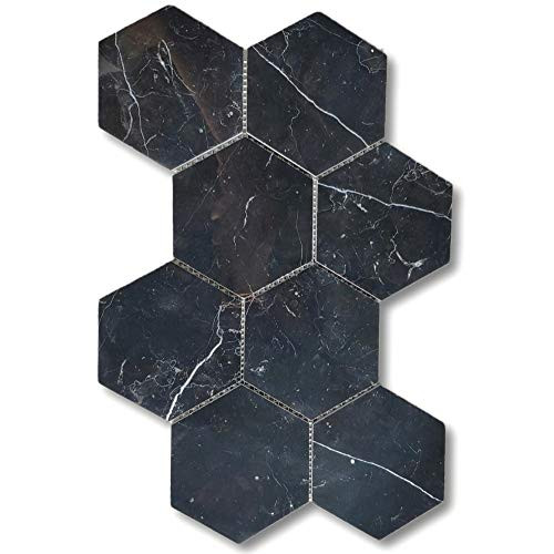Stone Center Online Nero Marquina Black Marble 5 inch Hexagon Mosaic Tile Polished for Kitchen Backsplash Bathroom Flooring Shower Surround Dining Room Entryway Corrido Spa -1 Sheet-
