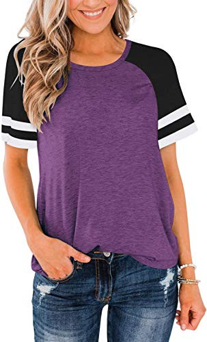 ReachMe Womens Color Block Short Sleeve Shirts Crewneck Workout Tops Casual Loose Athletic T-Shirt-PurpleL-