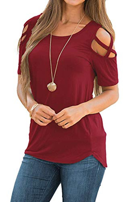 Sarin Mathews Womens Summer Strappy Cold Shoulder Short Sleeve Tunic Tops Casual Tees Loose Basic T Shirts Blouses Burgundy L Sarin Mathews Womens Summer Strappy Cold Shoulder Short Sleeve Tunic Tops Casual Tees Loose Basic T Shirts Blouses Burgundy L