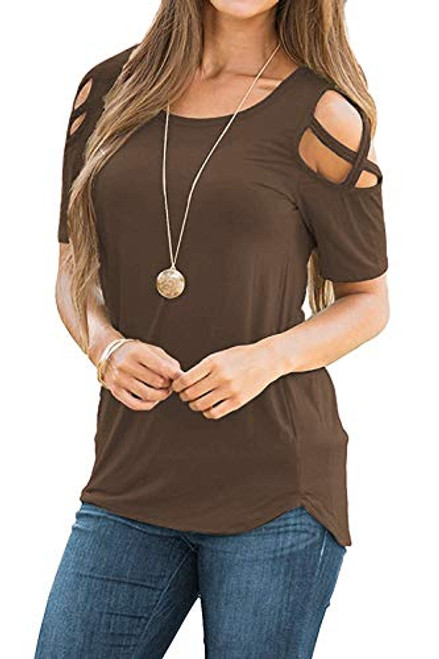 Sarin Mathews Womens Summer Strappy Cold Shoulder Short Sleeve Tunic Tops Casual Tees Loose Basic T Shirts Blouses Brown XL Sarin Mathews Womens Summer Strappy Cold Shoulder Short Sleeve Tunic Tops Casual Tees Loose Basic T Shirts Blouses Brown XL