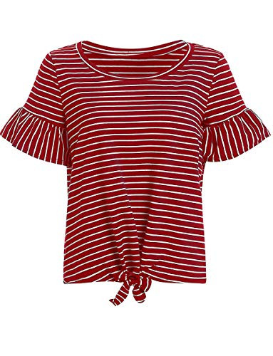 Romwe Women's Short Sleeve Tie Front Knot Casual Loose Fit Tee T-Shirt Burgundy XXL