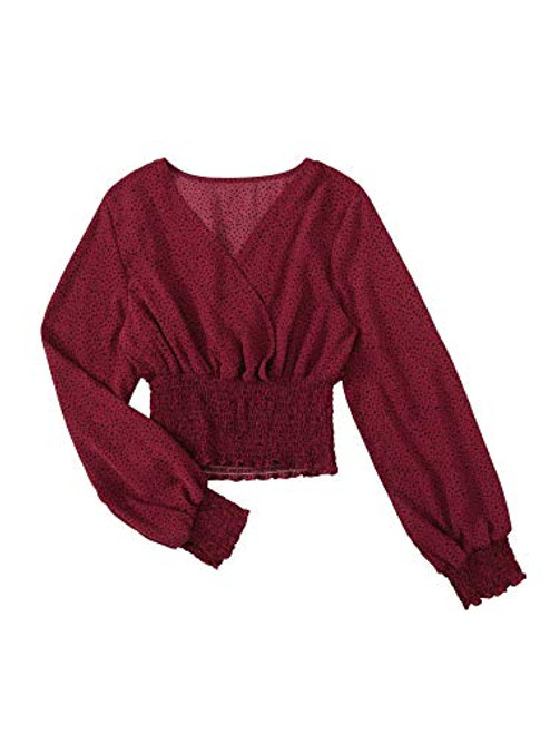 LYANER Women's V Neck Shirred Polka Dots Long Sleeve Frill Crop Blouse Shirt Tops Red Medium LYANER Women's V Neck Shirred Polka Dots Long Sleeve Frill Crop Blouse Shirt Tops Red Medium