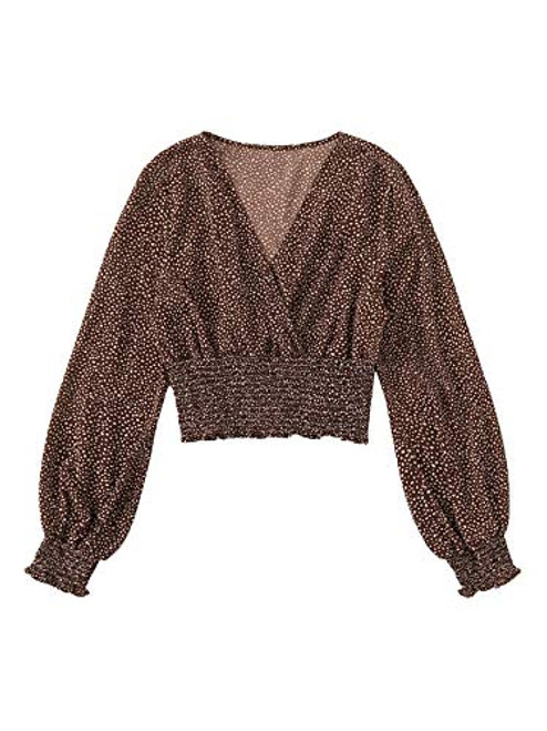 LYANER Women's V Neck Shirred Polka Dots Long Sleeve Frill Crop Blouse Shirt Tops Coffee Brown Medium LYANER Women's V Neck Shirred Polka Dots Long Sleeve Frill Crop Blouse Shirt Tops Coffee Brown Medium