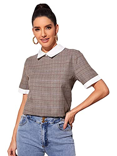 Romwe Women's Cute Contrast Collar Short Sleeve Casual Work Blouse Tops Mocha Brown L