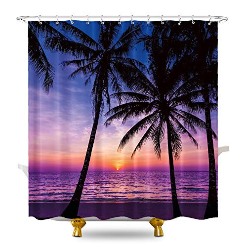 KOMLLEX Tropical Beach Palm Tree Shower Curtain 60Wx72H Inch for Bathroom Decor Purple Sunset Hawaiian Island Summer Sea Sunrise Ocean Fabric Waterproof Polyester 12 Pack Plastic Hooks