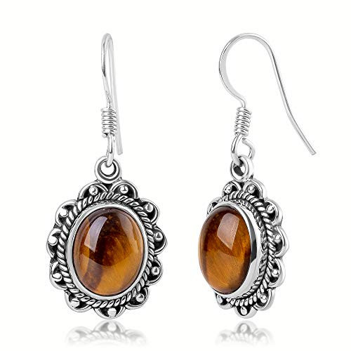 SUVANI Sterling Silver Brown Tigers Eye Gemstone Oval Rope Edge Vintage Dangle Earrings 1.4" SUVANI Sterling Silver Brown Tigers Eye Gemstone Oval Rope Edge Vintage Dangle Earrings 1.4"