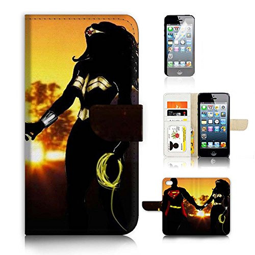 ( For iPhone 5 5S / iPhone SE ) Flip Wallet Case Cover and Screen Protector Bundle A20295 Superman Wonder Woman