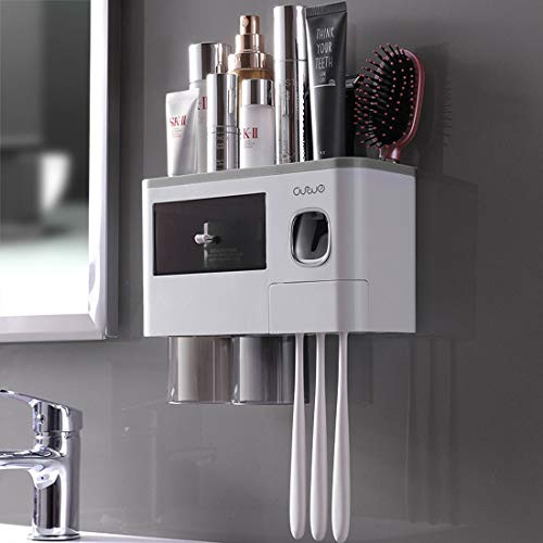 BHeadCat Automatic Toothpaste Dispenser with Toothbrush Holder Wall-Mounted Space Saving Toothbrush Organizer Toothpaste Squeezer with Transparent Suction Cups and Cosmetic Drawers -2 Cups-