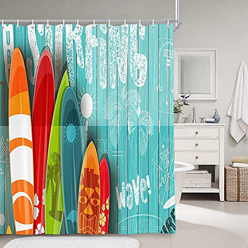 Beach Shower Curtains for Bathroom Summer Surf Nautical Surfing Surfboard Bathroom Curtains Tropical Colorful Surfboard in Vintage Style on Teal Wooden Fabric Shower Curtain Set with Hooks 69X70in