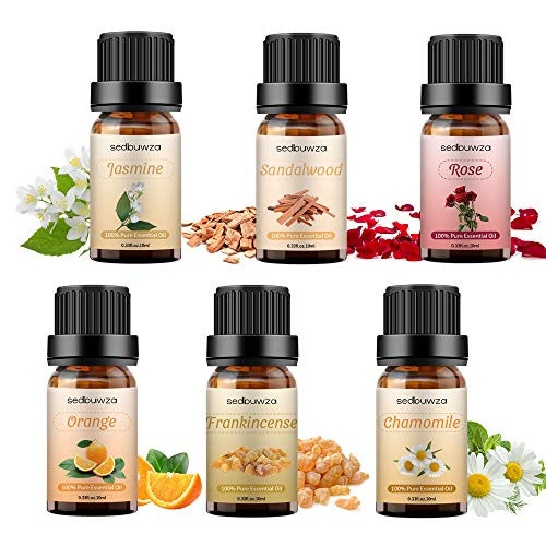 Sedbuwza 6 Pack Rose Jasmine Chamomile Frankincense Sandalwood Orange Essential Oil 100 percent Pure and Natural Aromatherapy Mother's Day Gift Oils for Massage Diffuser Soaps Candles -10mL-0.33oz