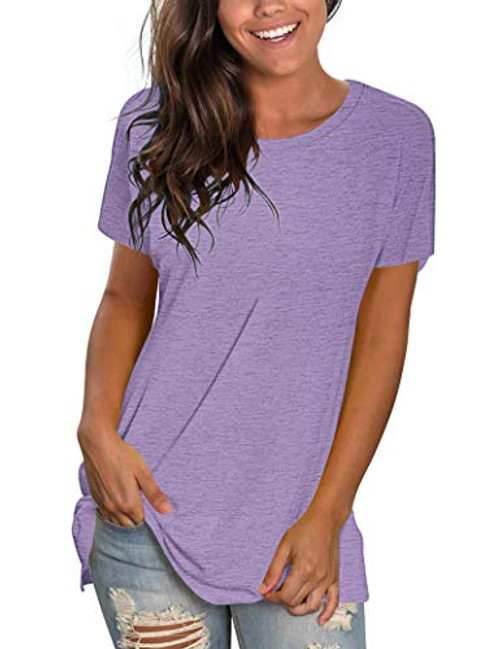 WNEEDU Womens T Shirts Short Sleeve Crewneck Loose Summer Tees Basic Tops -2XL Light Purple-