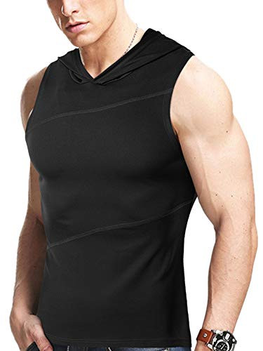 ZNU Mens Hooded Tank Tops Muscle Bodybuilding Fitness Sleeveless T Shirt Gym Training Workout Hoodies Black