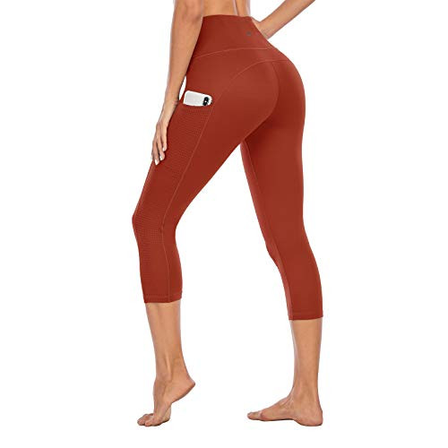 PARWIN High Waisted Yoga Pants for Women Pocketed Workout Capri Leggings with Mesh Tummy Control Compression Capris for Running Exercise Gym Fitness Orage Red-M