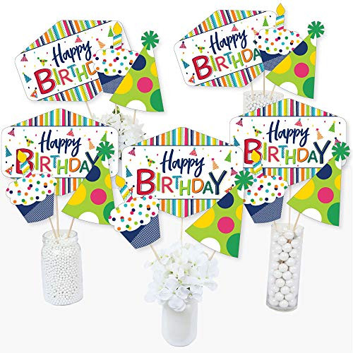 Cheerful Happy Birthday - Colorful Birthday Party Centerpiece Sticks - Table Toppers - Set of 15