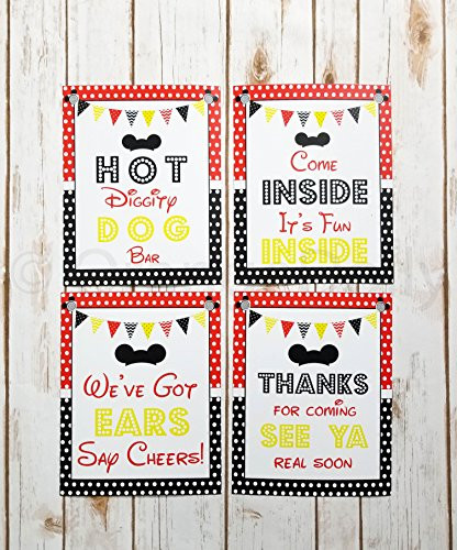 set of 4 Mickey party sign | 8x 10 inch Mickey Mouse Birthday Sign Printed in Cardstock | Mickey Mouse Party supplies | Mickey Mouse Clubhouse inspired Door Sign | Hot Diggity Dog Bar Party Sign