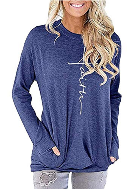 Unidear Women's Faith Print Sweatshirt Pullover Casual Long Sleeve Round Neck Tops Loose Fit Tunic with Pockets Navy Blue XL Unidear Women's Faith Print Sweatshirt Pullover Casual Long Sleeve Round Neck Tops Loose Fit Tunic with Pockets Navy Blue XL