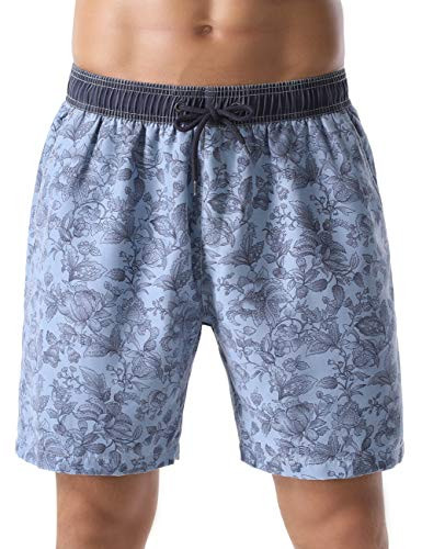 Unitop Men's Swimming Shorts Washed Quick Dry Retro Floral Printed Beach Trunks Blue-309 32