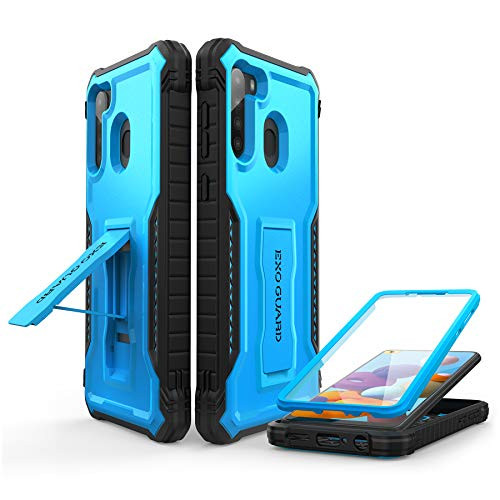 ExoGuard for Samsung Galaxy A21 Case Rubber Shockproof Full-Body Cover Case Built-in Screen Protector and Kickstand Compatible with Samsung A21 Phone -Blue-