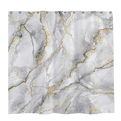 Allenjoy 72x72 inch Marble Shower Curtain White Grey Mixed Golden Cracked Lines Pattern Texture Bathroom Curtain Durable Waterproof Fabric Bathtub Sets Home Decor with 12 Hooks