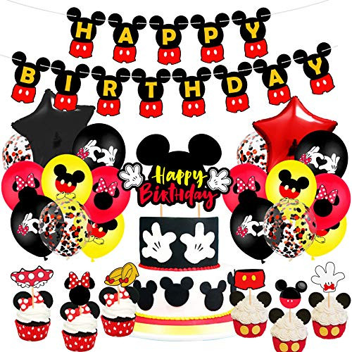 Mickey Mouse Birthday Party Decorations -Mickey and Minnie Themed Party Supplies for Boys Girls Kids with Happy Birthday Banner Cake Cupcake Toppers Balloons