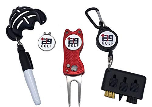 E9Golf Essentials Golf Accessories Package - Golf Divot Repair Tool and Ball Mark - Retractable Club Cleaning Brush - Golf Ball Alignment Marking Tool - Golf Hat Clip and Ball Marker -Red- E9Golf Essentials Golf Accessories Package - Golf Divot Repair Tool and Ball Mark - Retractable Club Cleaning Brush - Golf Ball Alignment Marking Tool - Golf Hat Clip and Ball Marker -Red-
