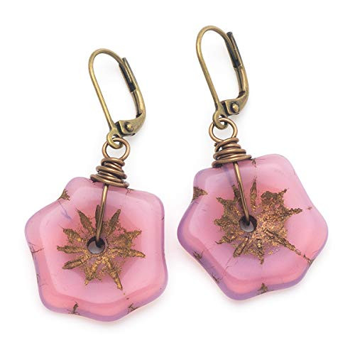 Pink Hibiscus Flower Czech Glass Wire-wrapped Drop Antique Bronze Tone Lever-back Earrings 1.4 Inches