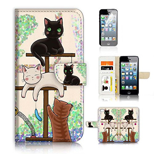 ( For iPhone 5 5S / iPhone SE ) Flip Wallet Case Cover and Screen Protector Bundle A1944 Cat