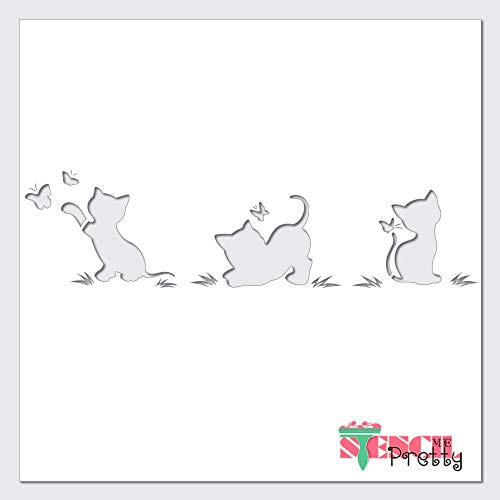 Kitty Cats  and  Butterflies Fun Stencil Best Vinyl Large Stencils for Painting on Wood Canvas Wall etc.-M -17" x 4.5"-- Ultra Thick Exhibit Grade White Color Material