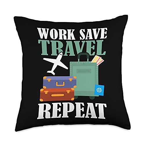 Work save Travel cool vintage design Work Save Repeat Retro Airplane Design for Travel Throw Pillow 18x18 Multicolor
