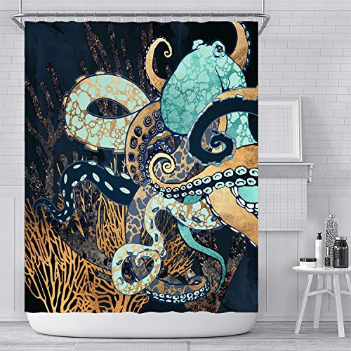 Ujoyen Funny Sea Animal Shower Curtain Gold Blue Octopus Bathroom Curtain Ocean Life Shower Curtain Bathroom Decor with Hooks Waterproof Washable 72 x 72 inches- Gold Black Blue