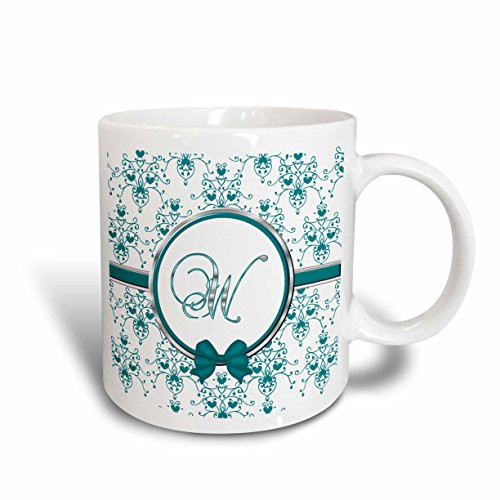 3dRose mug_164871_2 Elegant Green and Silver Heart Damask Monogram Letter W Ceramic Mug 15-Ounce