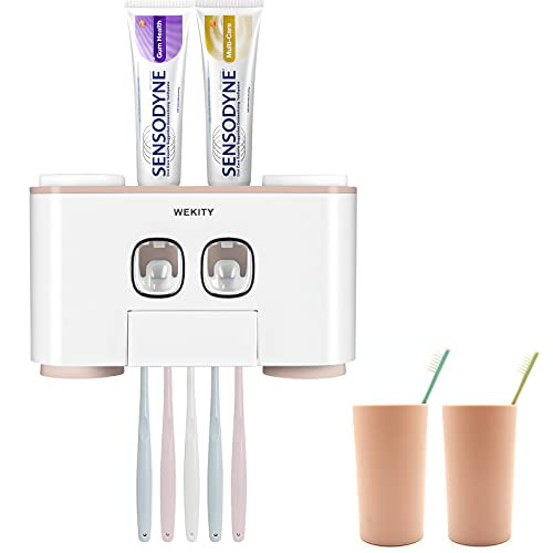Toothbrush Holder Wall Mounted WEKITY Multi-Functional Toothbrush and Toothpaste Dispenser for Bathroom with 5 Toothbrush Slots 2 Toothpaste Squeezers and 4 Cups-Pink-