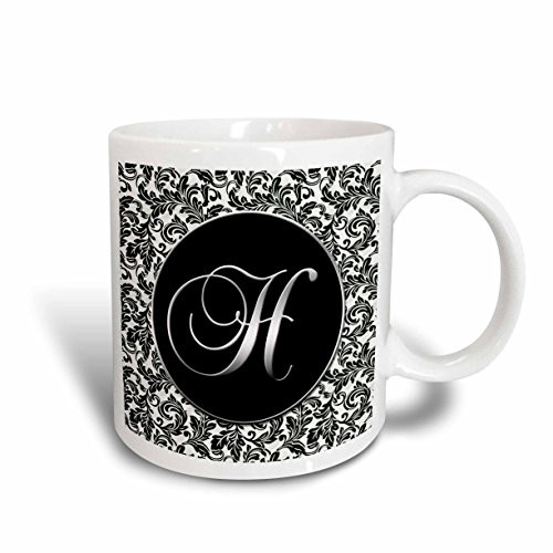 3dRose mug_38757_2"Letter H - Black and White Damask" Ceramic Mug 15 oz Multicolor