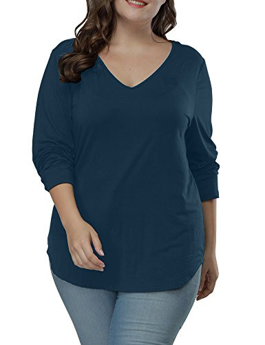 Allegrace Women's Plus Size T Shirts Long Sleeve Asymmetric Hem Casual Tee Tops Dark Blue 4X