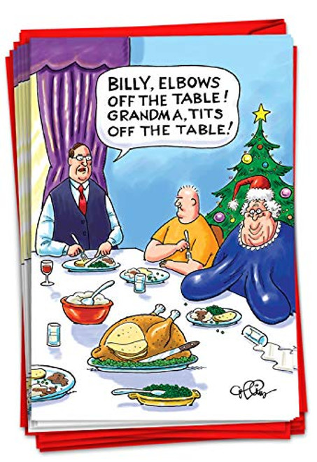 NobleWorks - 12 Funny Cartoon Christmas Cards - Boxed Notecards for Christmas Bulk Comic Humor Set -1 Design 12 Cards- - Tits Off the Table B5743