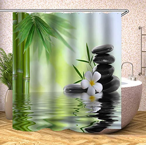 Zen Garden Shower Curtain Spa Green Bamboo Black Stone White Flower Bathroom Decor Supplies Waterproof Shower Curtains Sets Machine Washable Polyester Fabric 72 x 72 Inch with Hooks