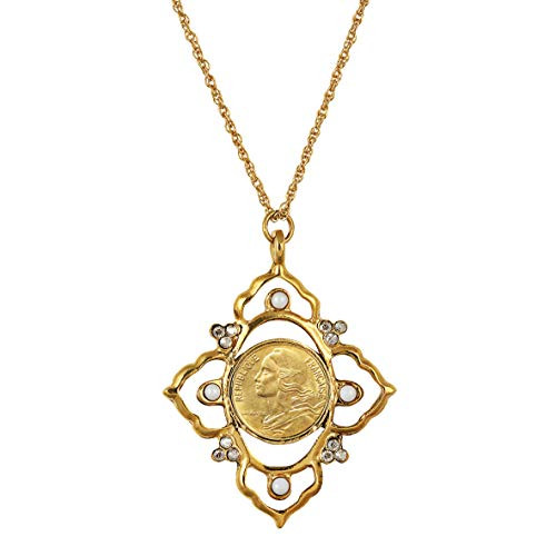 Pendant Necklace with French Marianne 5 Centimes Coin - Victorian Style Goldtone Pendant - Genuine Coin - 21 Inch Rope Chain with Lobster Claw Clasp - Certificate of Authenticity
