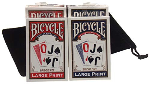 Bicycle Large Print Bridge Size 4 Deck Playing Cards Bundle - 2 Red  and  2 Blue Decks with Velour Drawstring Bag